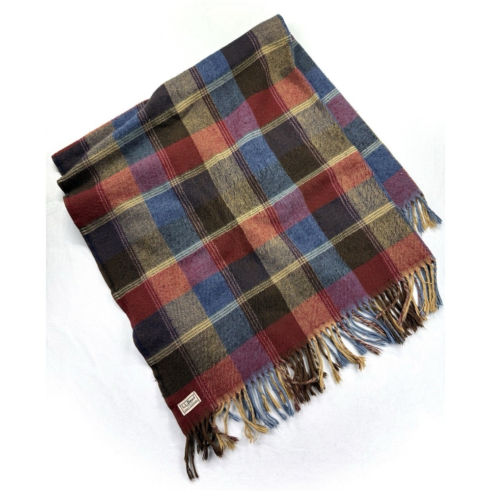 Vtg LL Bean Tartan Wool Throw Blanket Plaid Red Blue 50x49 Soft Warm Fall